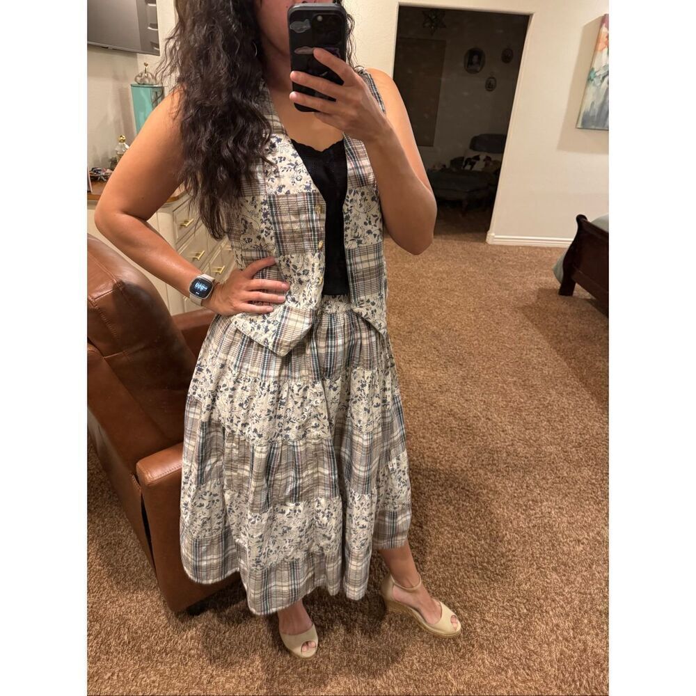 Erika & Co womens M 100% cotton country quilted vest full A-line pull on skirt f